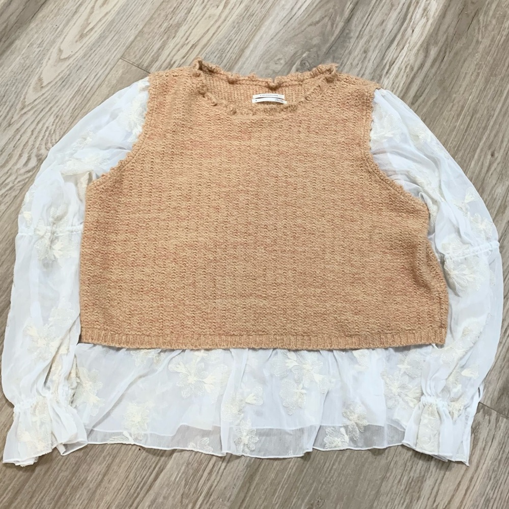By Anthropologie 2X Layered Sweater Vest Embroidered Blouse Neutral Tan Cream
